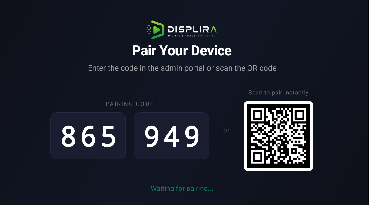 Displira device pairing screen showing code 865 949 and QR code